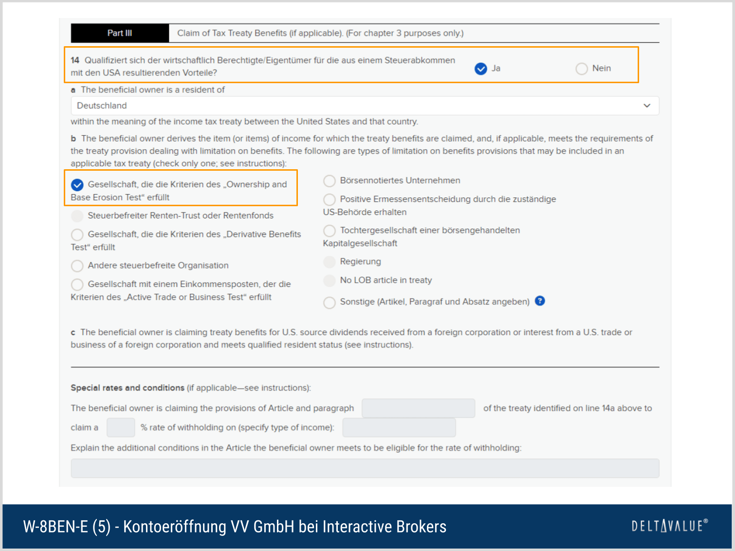 Doppelbesteuerungsabkommen (W-8BEN-E) - Kontoeröffnung VV GmbH bei Interactive Brokers