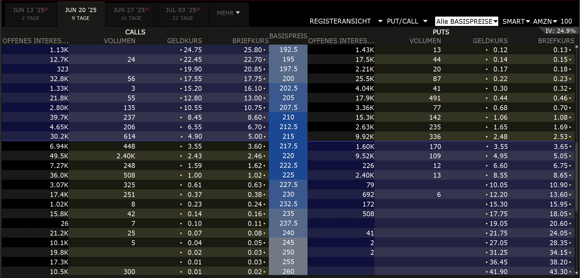 Exemplarische Darstellung des Open Interest und Handelsvolumens bei Optionen (Trader Workstation)