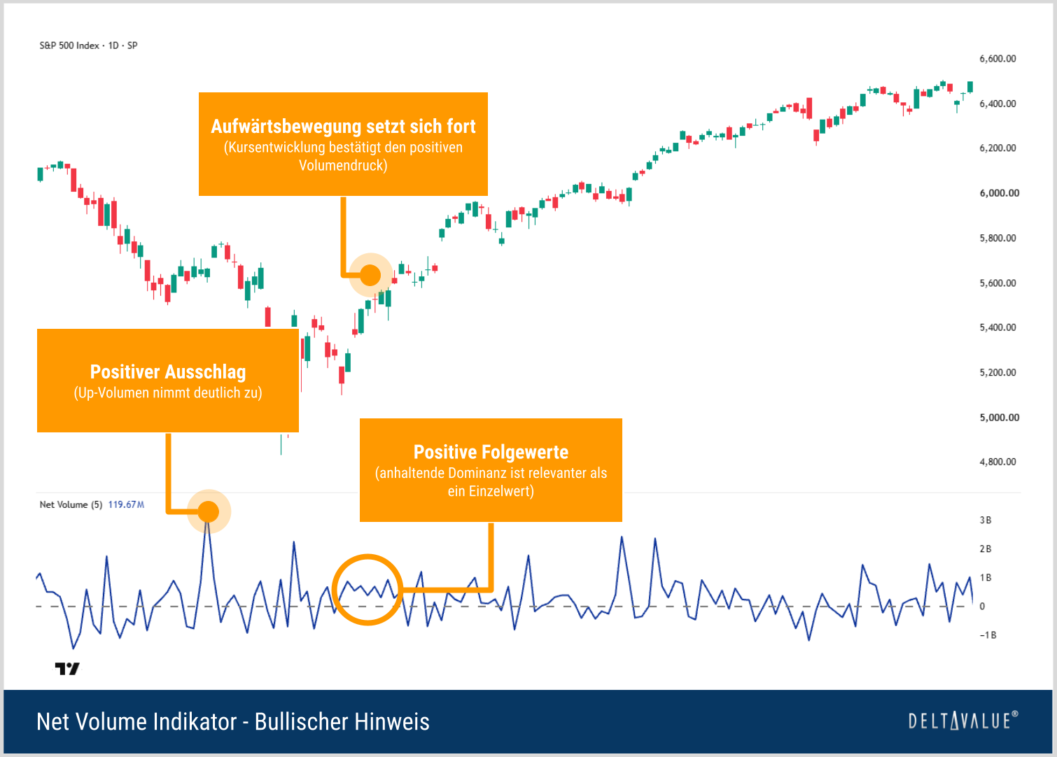 Bullischer Hinweis des Net Volume Indikators mit positiven Volumenausschlägen und steigendem S&P 500